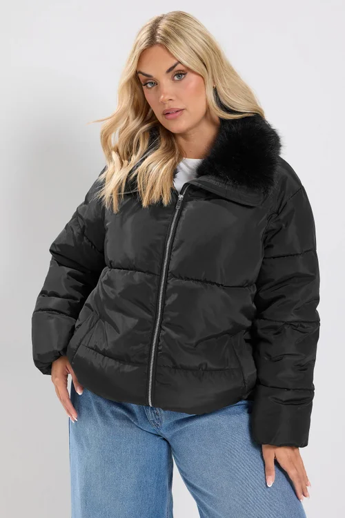Yours Curve Black Funnel Neck Padded Coat - 30-32 Image 1