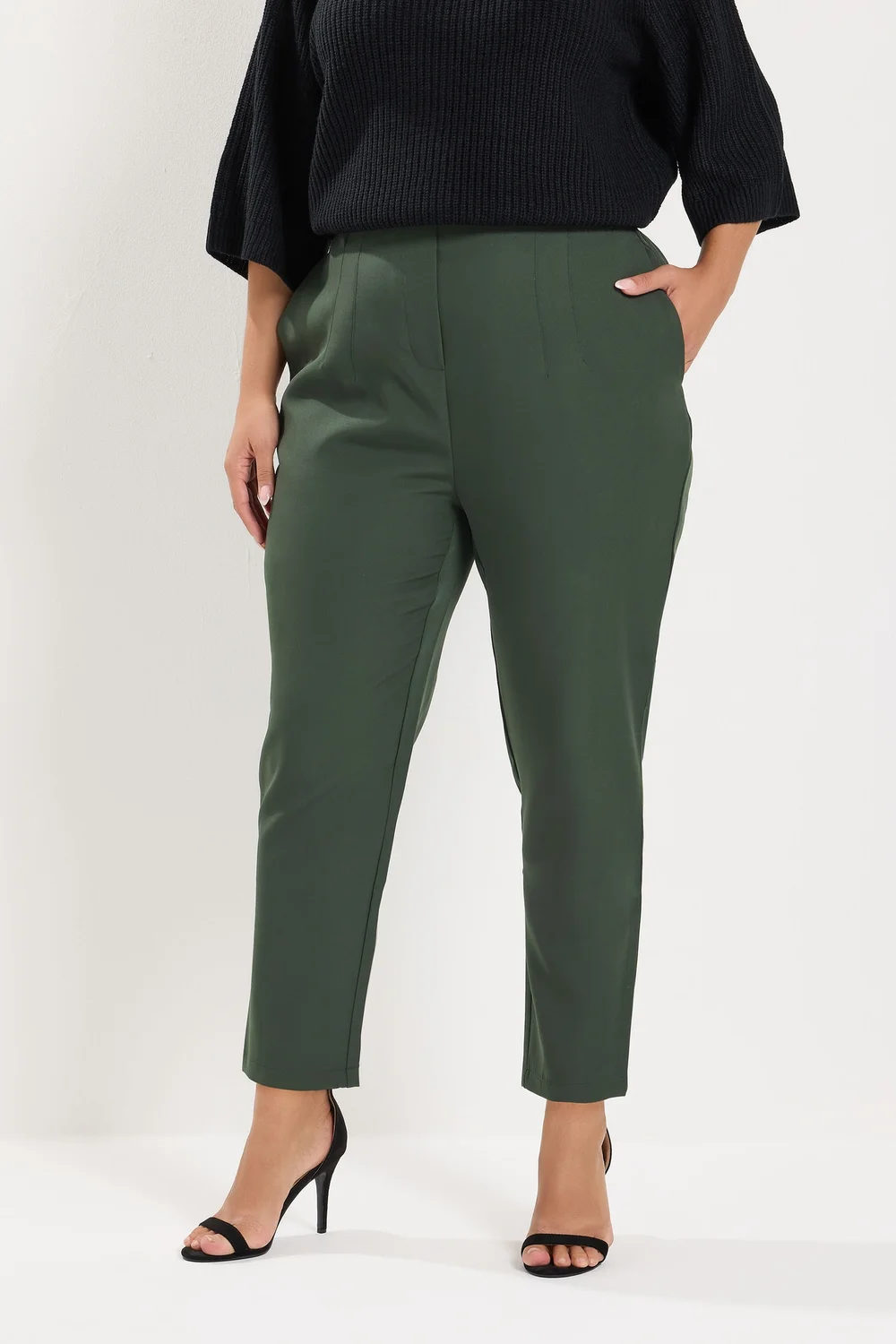 Yours Curve Dark Green Darted Waist Trousers - 20/L26 Image 1