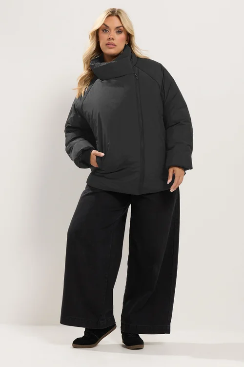 Yours Curve Black Asymmetric Zip Padded Coat - 30-32 Image 2