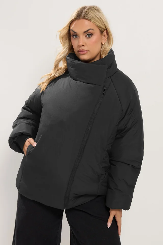 Yours Curve Black Asymmetric Zip Padded Coat