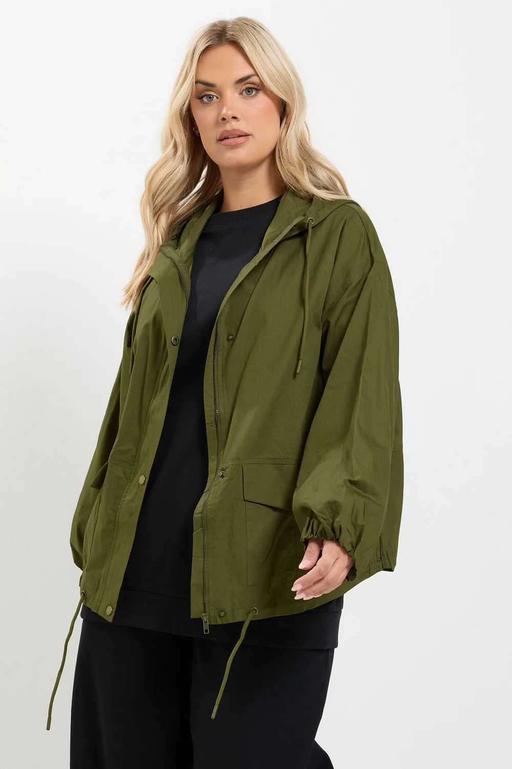 Yours Curve Khaki Green Utility Cotton Jacket - 30-32 Image 2