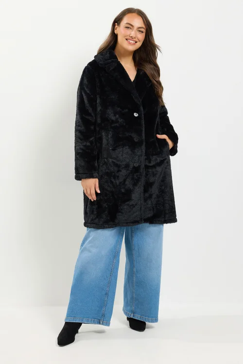 Yours Curve Black Faux Fur Button Through Coat - 14 Image 2