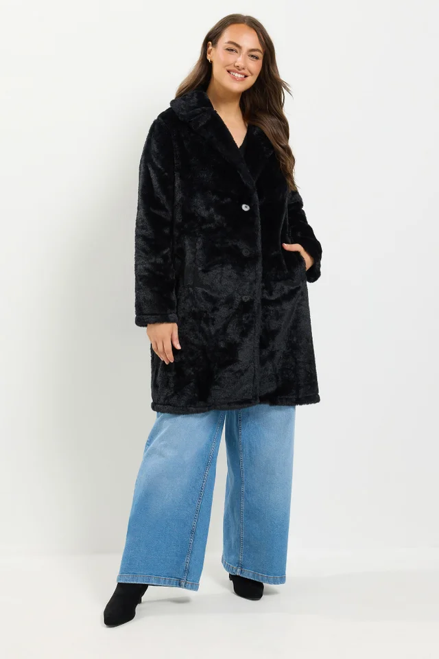 Yours Curve Black Faux Fur Button Through Coat