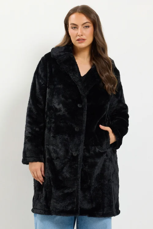 Yours Curve Black Faux Fur Button Through Coat - 14 Image 1