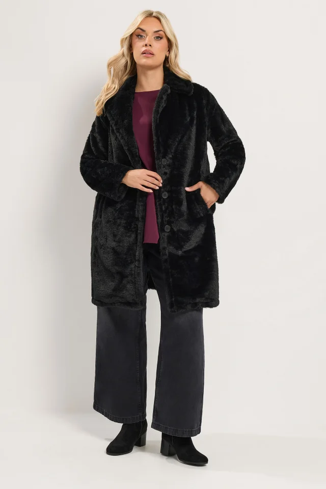 Yours Curve Black Faux Fur Button Through Coat
