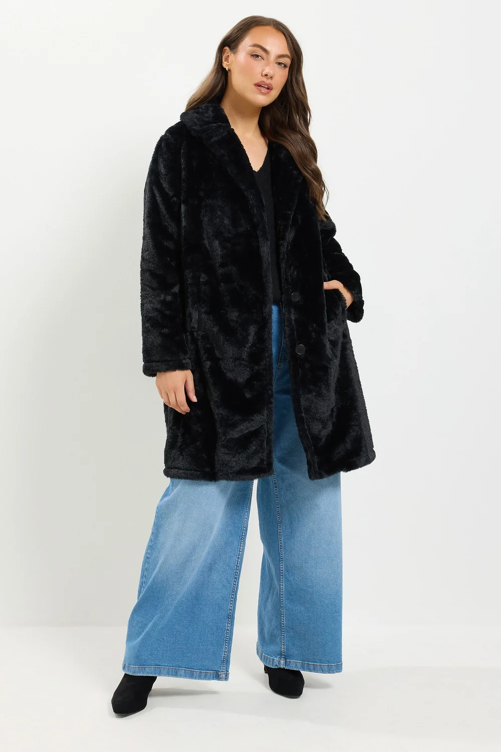 Yours Curve Black Faux Fur Button Through Coat - 14 Image 3