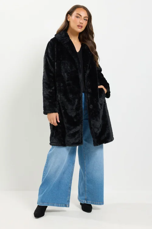 Yours Curve Black Faux Fur Button Through Coat - 14 Image 3