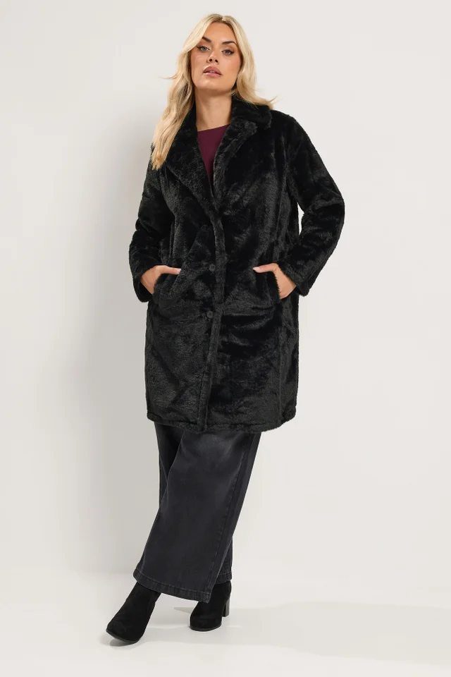 Yours Curve Black Faux Fur Button Through Coat