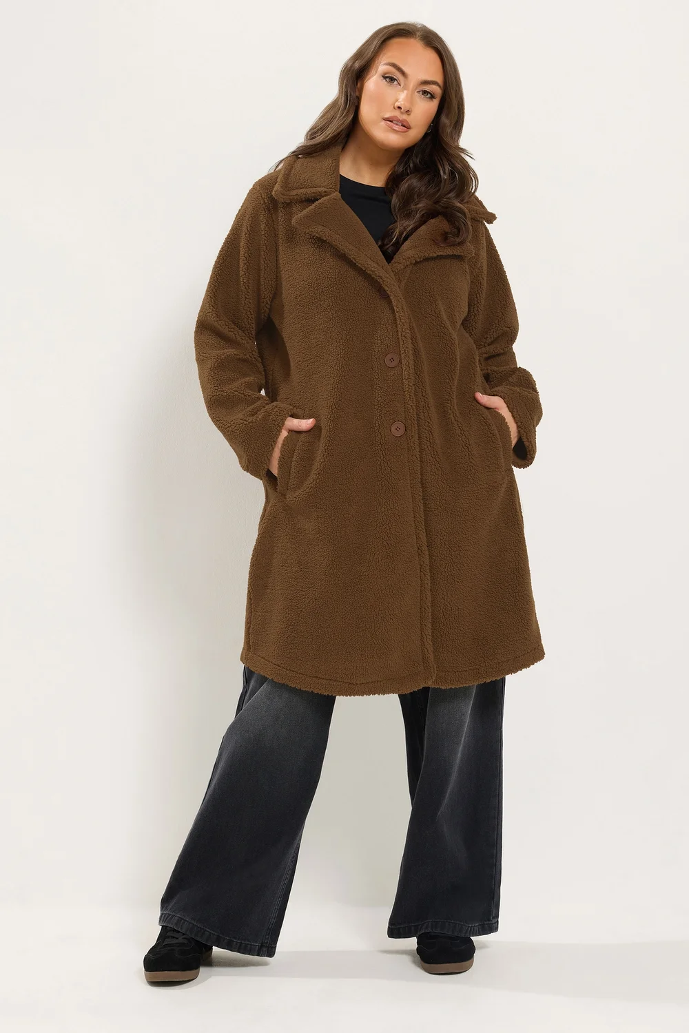 Yours Curve Chocolate Brown Teddy Borg Coat - 14 Image 2