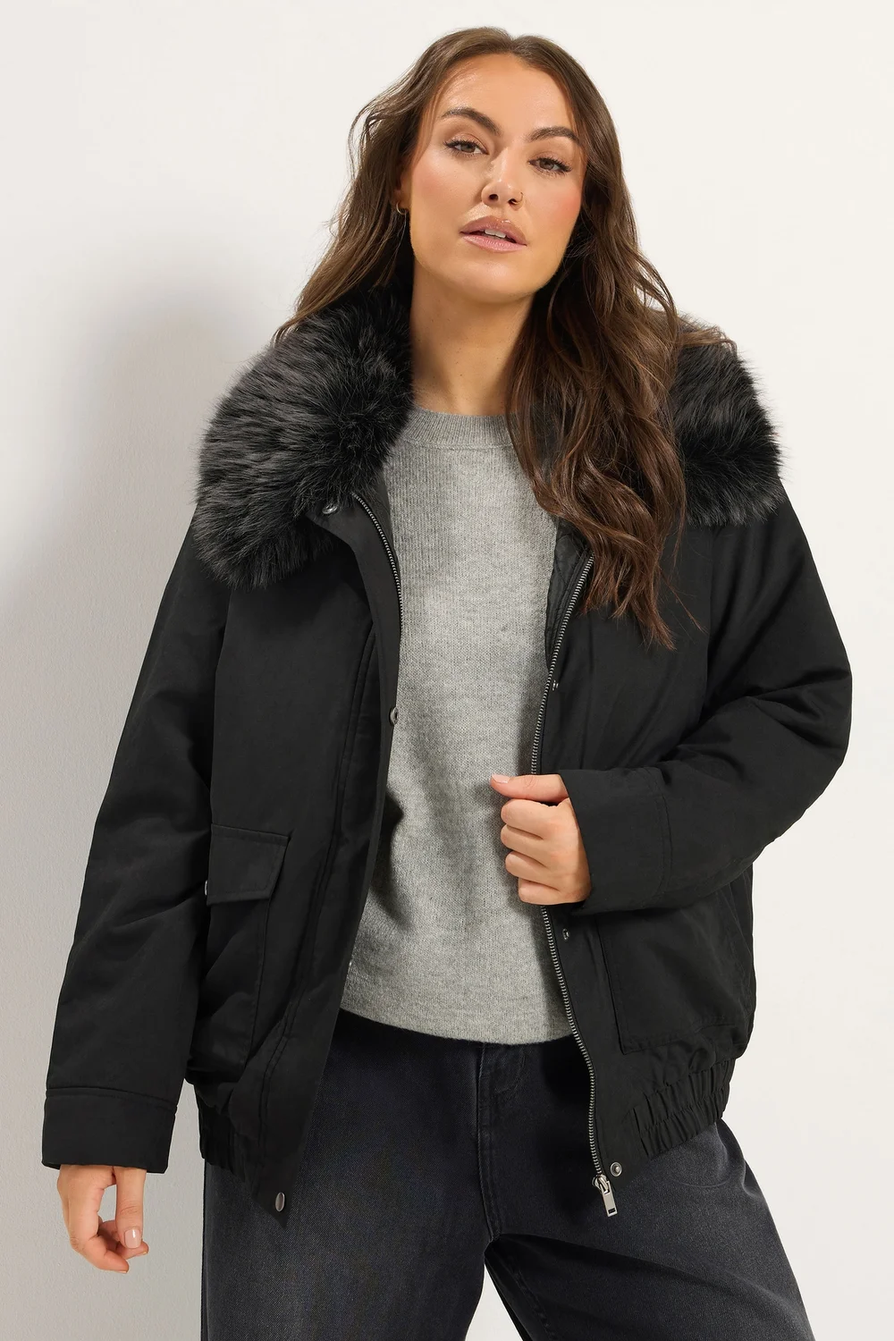 Yours Curve Black Faux Fur Trim Bomber Jacket - 14 Image 1