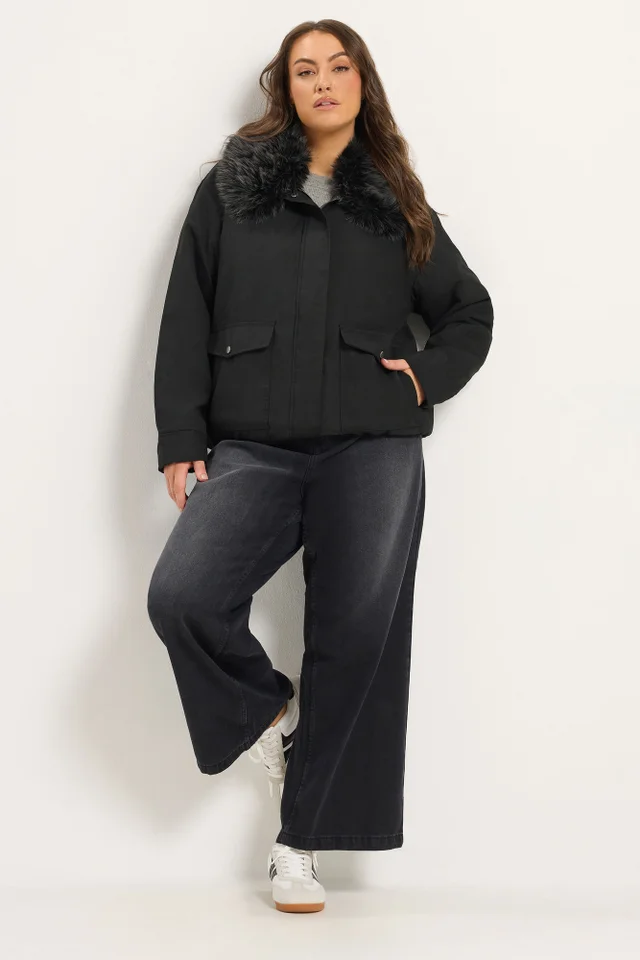 Yours Curve Black Faux Fur Trim Bomber Jacket