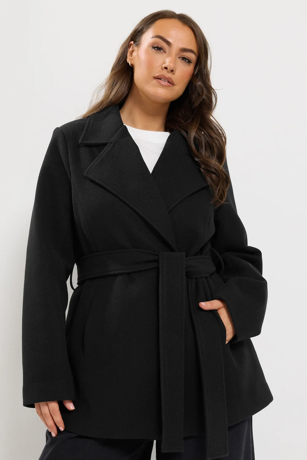 Yours Curve Black Wrap Coat - 14 Image 1