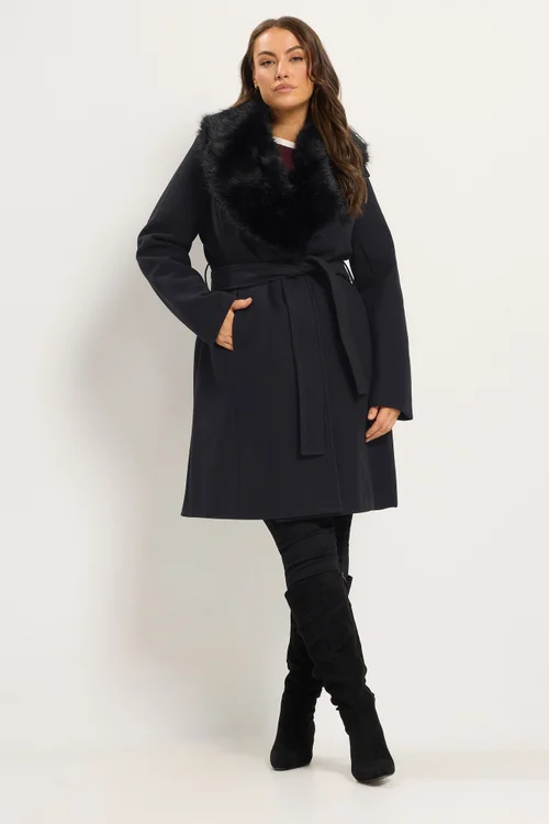 Yours Curve Black Faux Fur Collar Long Line Coat - 26-28 Image 2