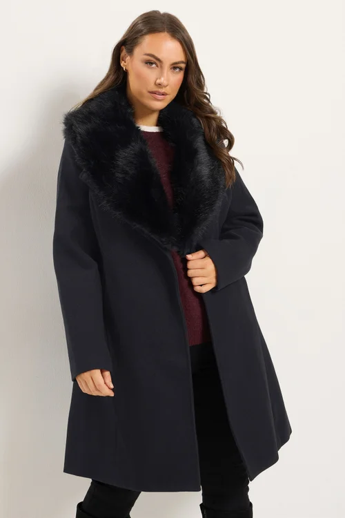 Yours Curve Black Faux Fur Collar Long Line Coat - 26-28 Image 1