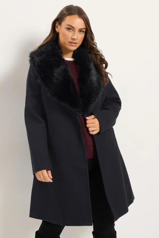 Yours Curve Black Faux Fur Collar Long Line Coat