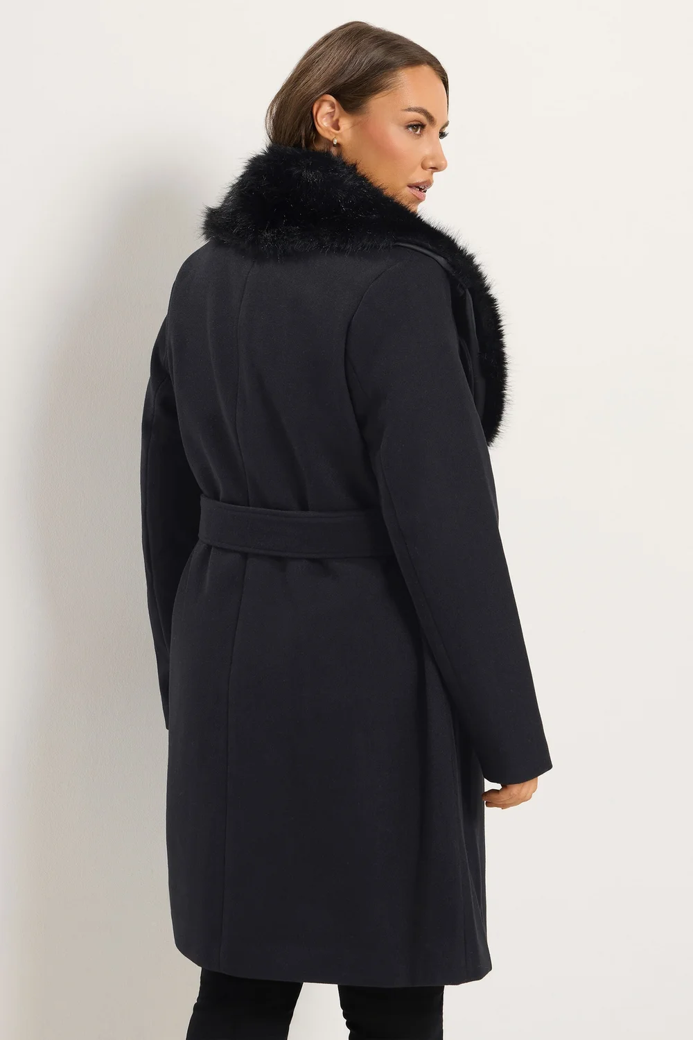 Yours Curve Black Faux Fur Collar Long Line Coat - 26-28 Image 3