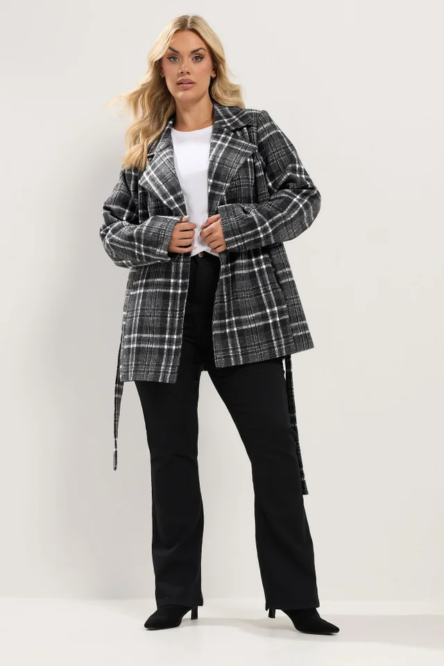 Yours Curve Black Checked Wrap Coat