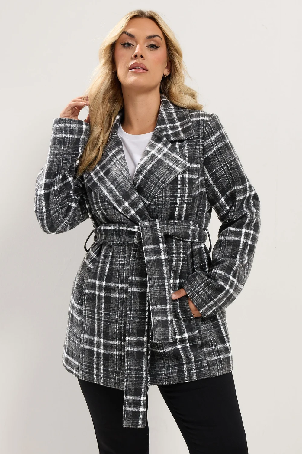 Yours Curve Black Checked Wrap Coat - 30-32 Image 1