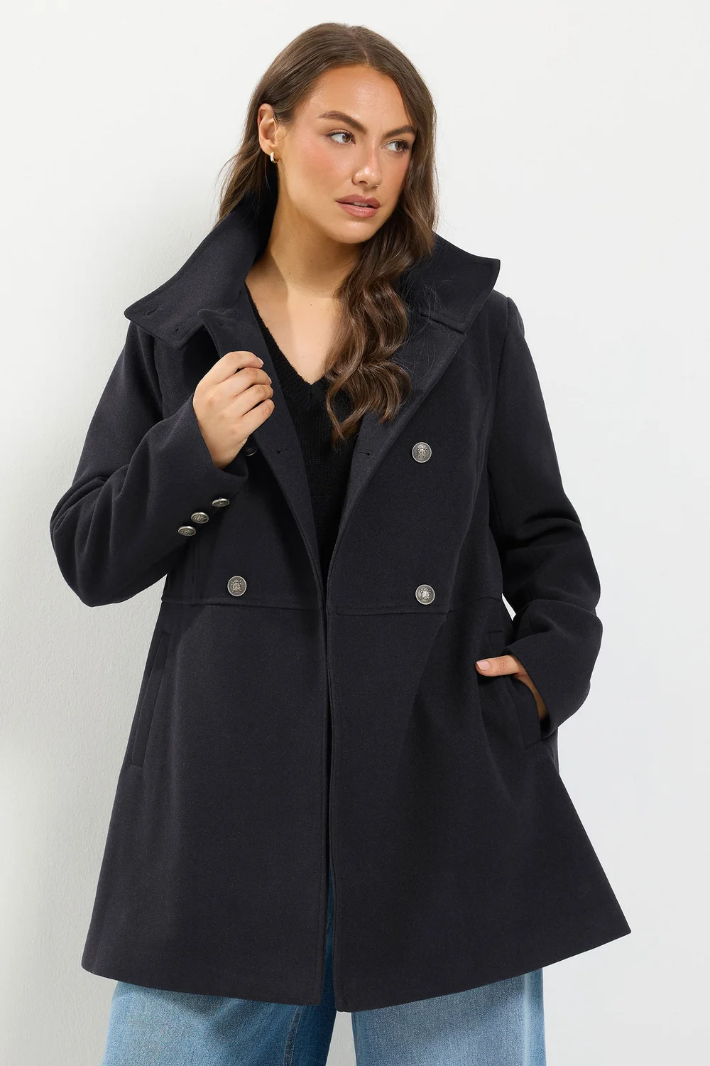 Yours Curve Black Double Breasted Military Coat - 14 Image 2