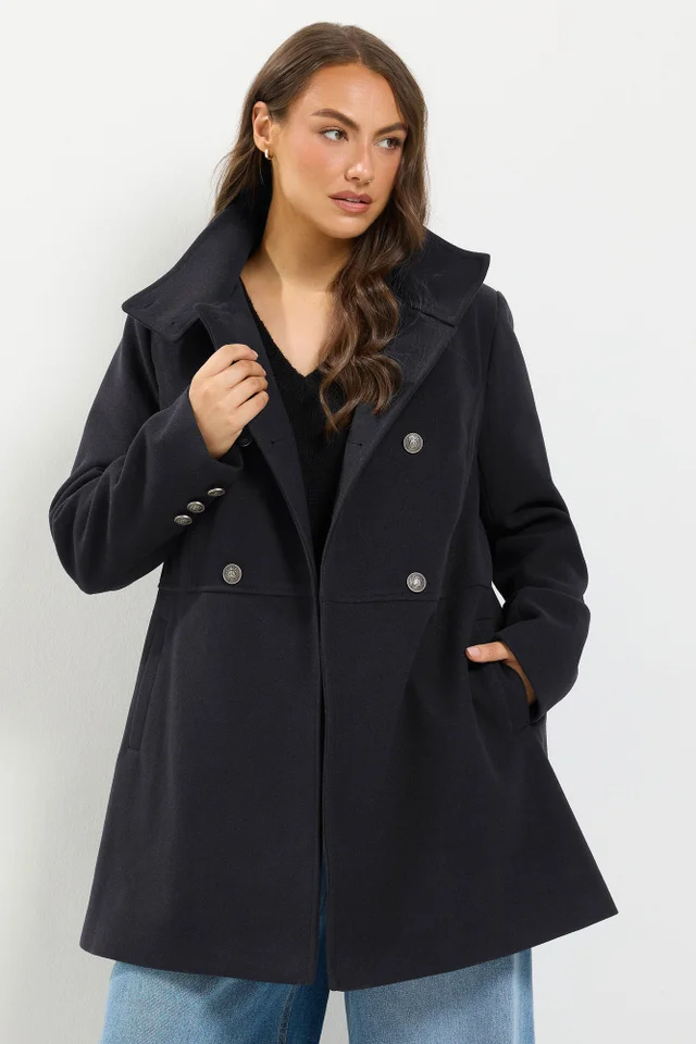 Yours Curve Black Double Breasted Military Coat