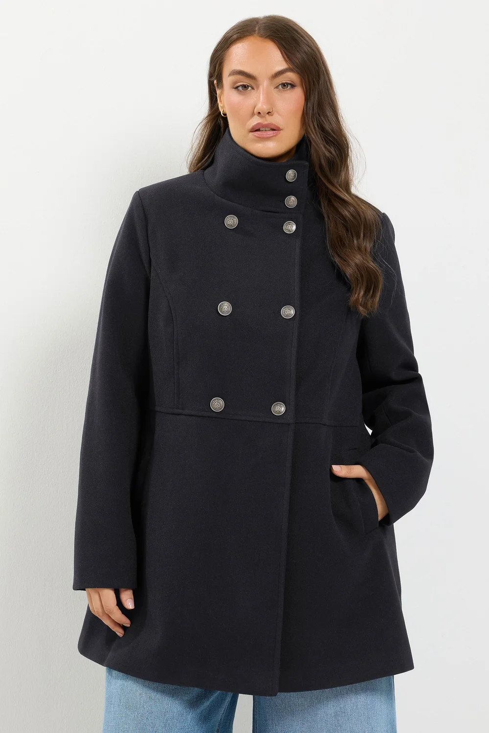 Yours Curve Black Double Breasted Military Coat - 14 Image 1