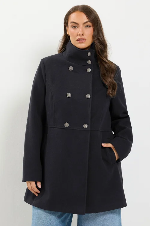 Yours Curve Black Double Breasted Military Coat - 14 Image 1