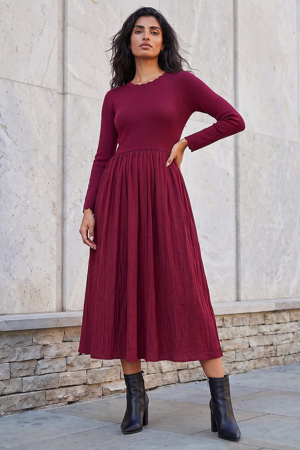 Roman Wine Scallope Neck Dress - 16 Image 2