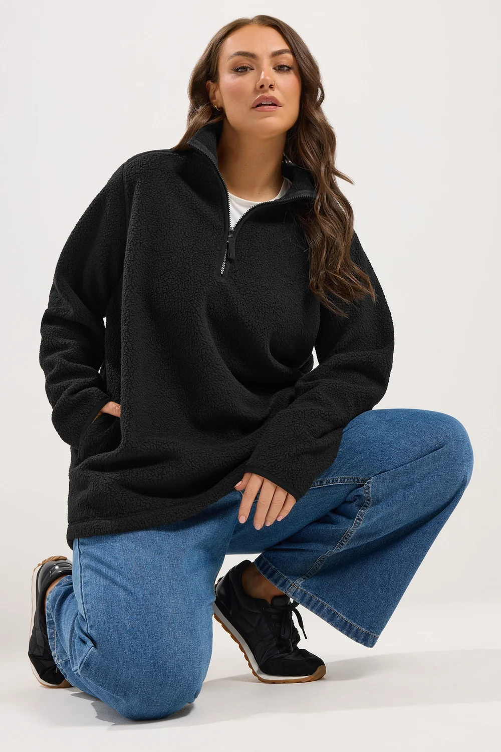 Yours Curve Black Quarter Zip Fleece - 22-24 Image 1
