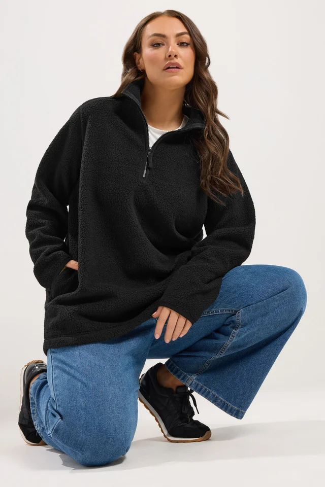 Yours Curve Black Quarter Zip Fleece