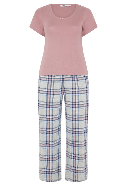 Yours Curve Pink Check Extra Wide Leg Pointelle Pyjama Set - 14-16 Image 5