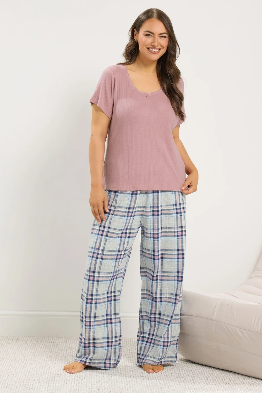 Yours Curve Pink Check Extra Wide Leg Pointelle Pyjama Set - 14-16 Image 1