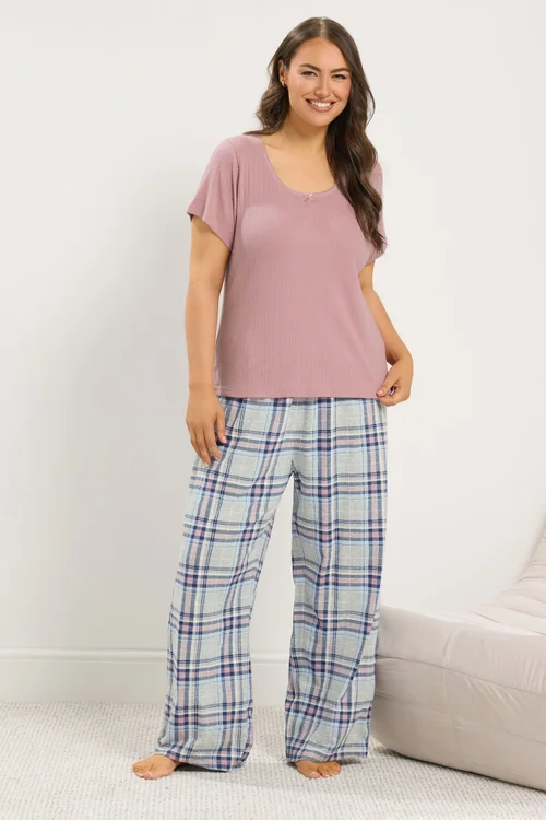 Yours Curve Pink Check Extra Wide Leg Pointelle Pyjama Set - 14-16 Image 1