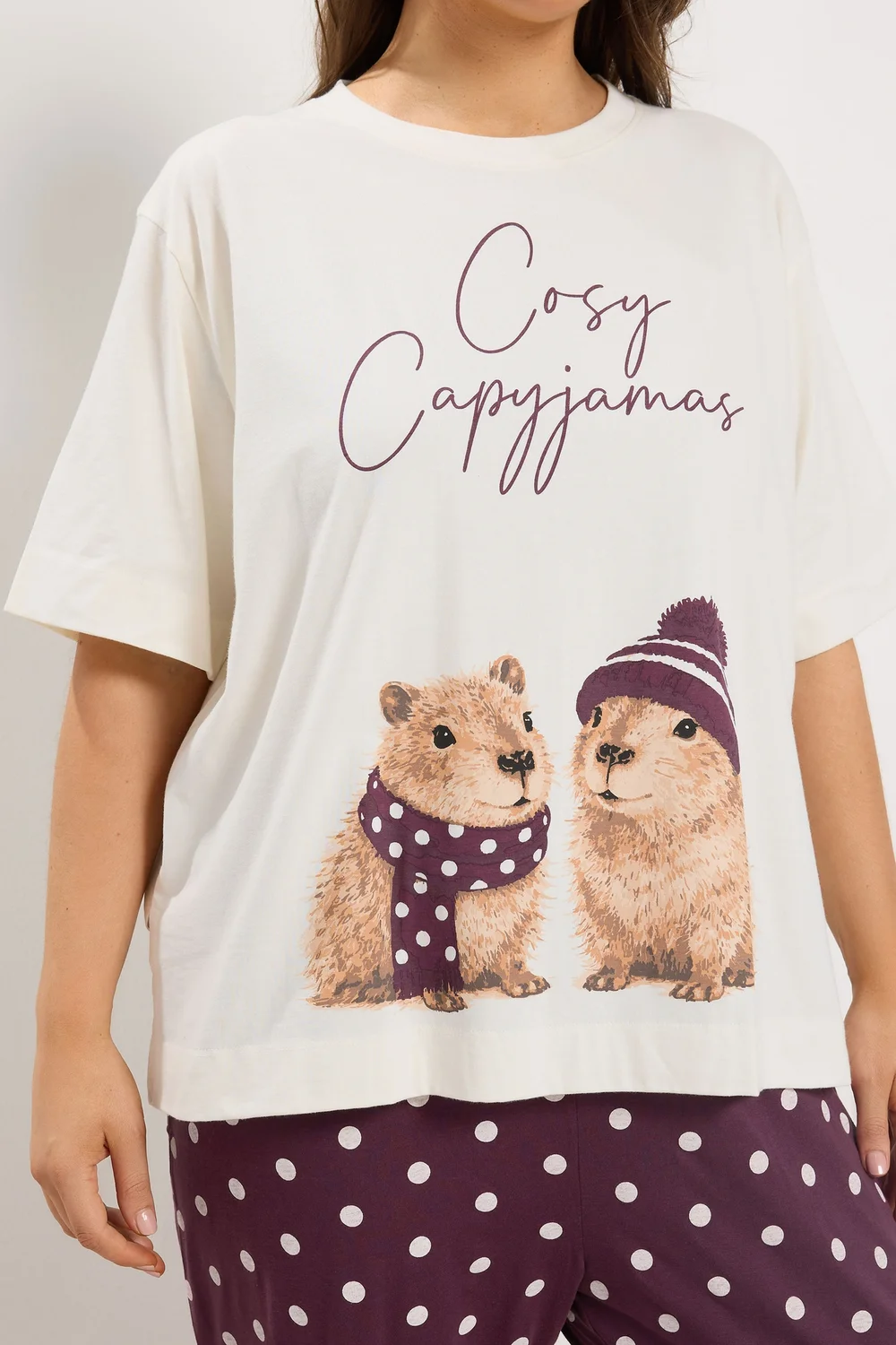 Yours Curve Ivory White Capybara Polka Dot Cuffed Pyjama Set - 10-12 Image 3