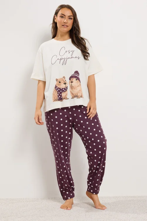 Yours Curve Ivory White Capybara Polka Dot Cuffed Pyjama Set - 10-12 Image 1