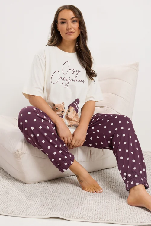 Yours Curve Ivory White Capybara Polka Dot Cuffed Pyjama Set - 10-12 Image 4