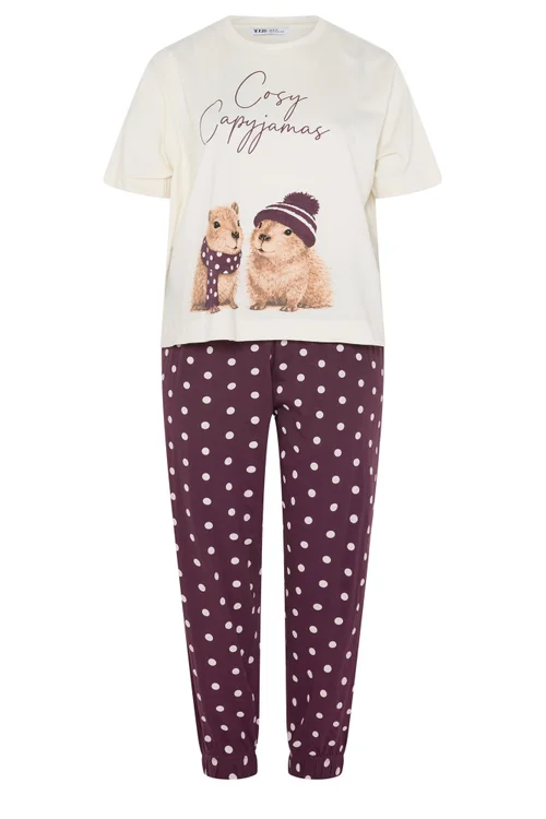 Yours Curve Ivory White Capybara Polka Dot Cuffed Pyjama Set - 10-12 Image 5