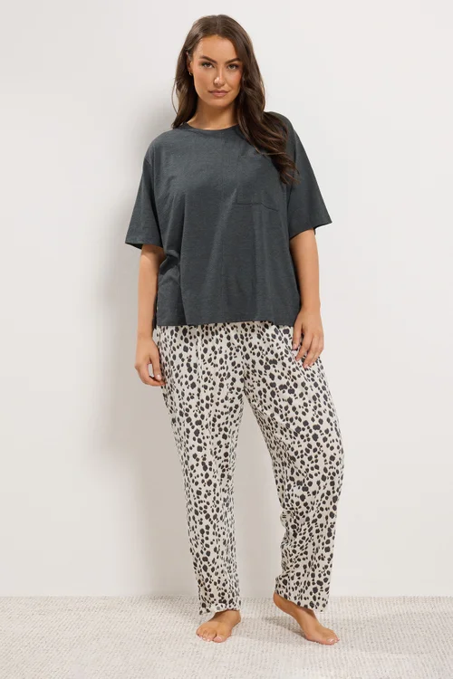 Yours Curve Charcoal Grey Leopard Wide Leg Pyjama Set - 38-40 Image 1