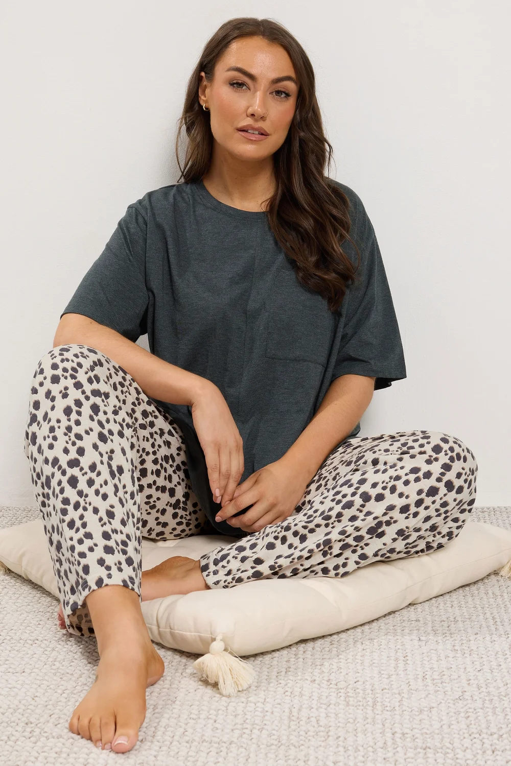 Yours Curve Charcoal Grey Leopard Wide Leg Pyjama Set - 38-40 Image 4