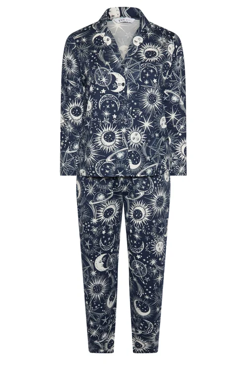Yours Curve Navy Blue Celestial Print Soft Touch Pyjama Set - 30-32 Image 1