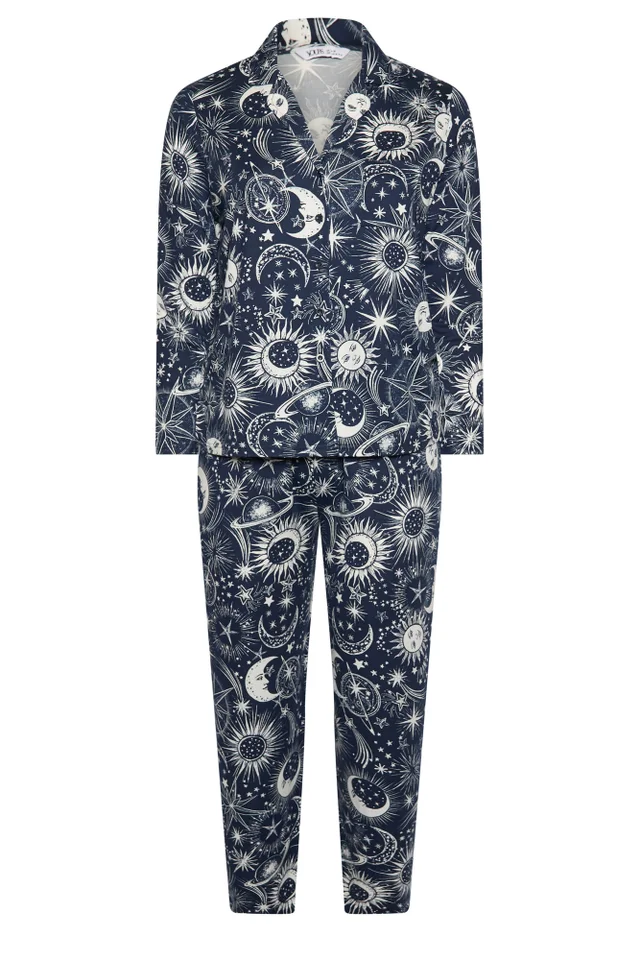 Yours Curve Navy Blue Celestial Print Soft Touch Pyjama Set