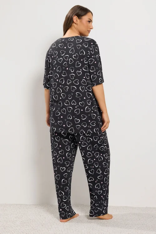 Yours Curve Black Heart Print Wide Leg Pyjama Set - 30-32 Image 3