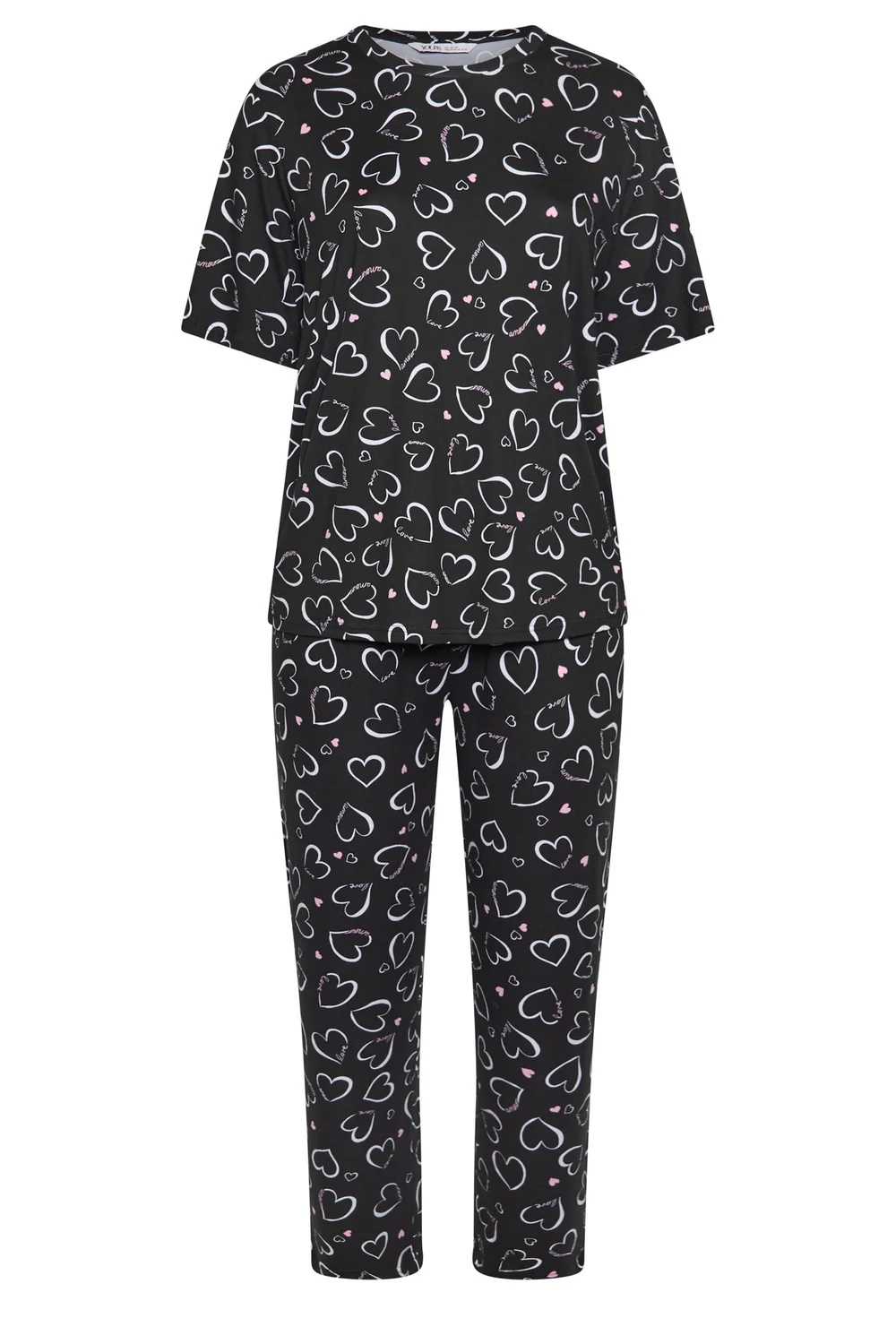 Yours Curve Black Heart Print Wide Leg Pyjama Set - 30-32 Image 5