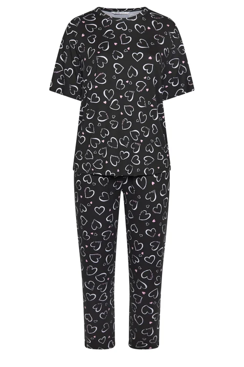 Yours Curve Black Heart Print Wide Leg Pyjama Set - 30-32 Image 5