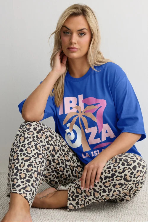 Yours Curve Blue & Leopard Print 'Ibiza' Pyjama Set - 30-32 Image 2