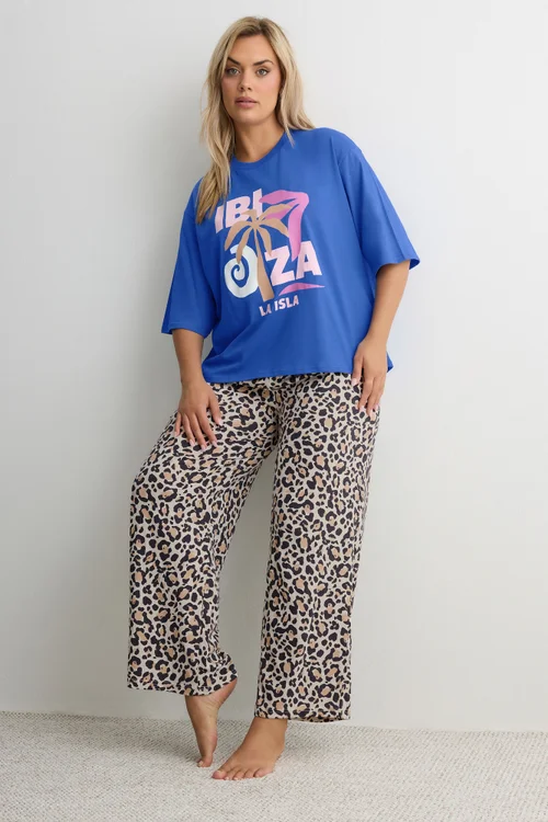Yours Curve Blue & Leopard Print 'Ibiza' Pyjama Set - 30-32 Image 1