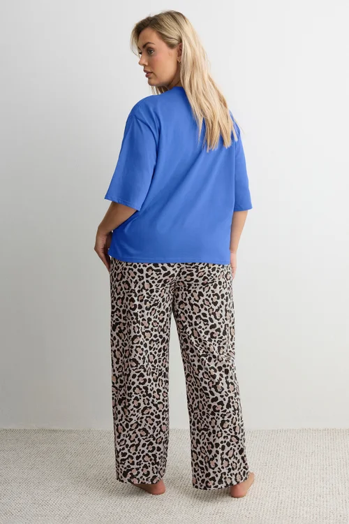 Yours Curve Blue & Leopard Print 'Ibiza' Pyjama Set - 30-32 Image 3