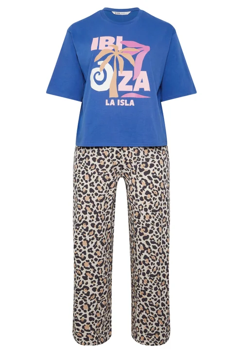 Yours Curve Blue & Leopard Print 'Ibiza' Pyjama Set - 30-32 Image 5