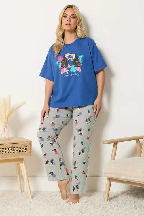 Yours Curve Blue 'Toucan Take It Easy' Slogan Wide Leg Pyjama Set - 10-12 Image 2