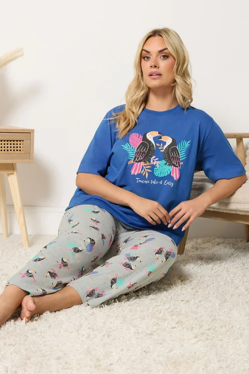 Yours Curve Blue 'Toucan Take It Easy' Slogan Wide Leg Pyjama Set - 10-12 Image 1