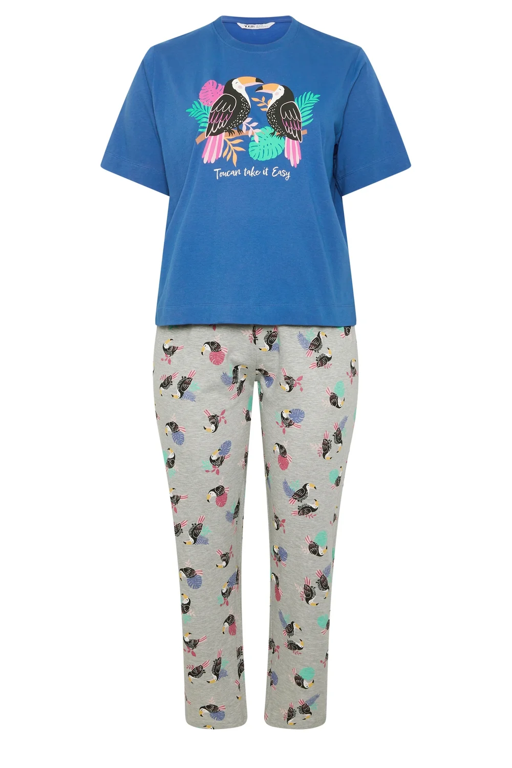 Yours Curve Blue 'Toucan Take It Easy' Slogan Wide Leg Pyjama Set - 10-12 Image 5